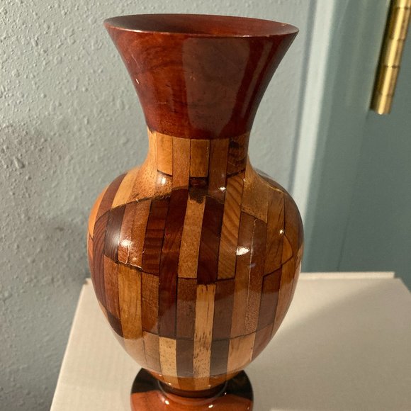 VTG Hand Turned Studio Marquetry Wooden Vase-7.25" H-Multicolored Patterns-VGUC - Picture 9 of 10